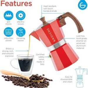 GROSCHE Milano 6 Espresso Cup, 9.3 oz Red Stovetop Espresso Maker - Italian Moka